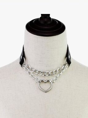 Heart Pendant Layered Chain Choker Necklace - Black/Silver